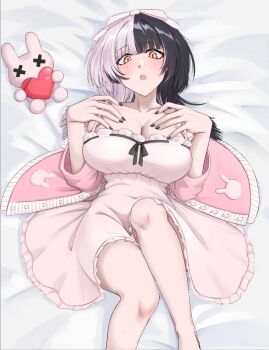 1girl absurdres black_hair black_ribbon breasts cleavage dress grey_hair highres hololive hololive_english jacket large_breasts long_hair looking_at_viewer lying mmneko multicolored_hair on_back open_mouth pink_dress pink_jacket ribbon shiori_novella solo split-color_hair stuffed_animal stuffed_rabbit stuffed_toy two-tone_hair virtual_youtuber yellow_eyes