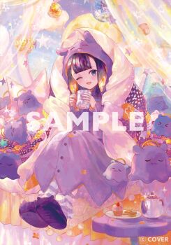 Rule 34 | 1girl, ;d, blue eyes, blunt bangs, closed eyes, closed mouth, commentary request, copyright notice, cup, dress, full body, gradient hair, highres, holding, holding cup, hololive, hololive english, jamu (yakinikuoi4), long hair, looking at viewer, multicolored hair, ninomae ina'nis, official art, one eye closed, open mouth, orange hair, pointy ears, purple dress, purple hair, sample watermark, shoe soles, sidelocks, sitting, slippers, smile, solo, takodachi (ninomae ina'nis), teacup, teapot, tentacle hair, under covers, virtual youtuber, watermark