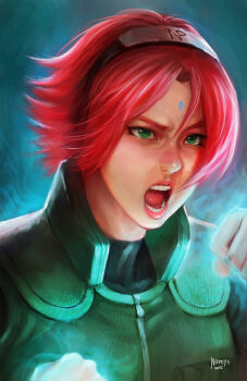 1girl artist_name energy flak_jacket forehead_protector green_eyes haruno_sakura highres jacket naruto_(series) naruto_shippuuden nopeys open_mouth pink_hair portrait short_hair signature solo teeth