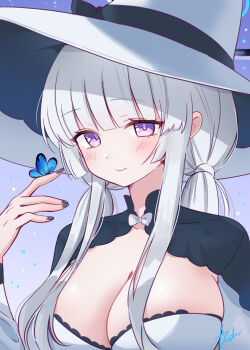 1girl absurdres ash_(cat7evy) black_nails blue_archive blue_butterfly blush breasts bug butterfly butterfly_on_hand cleavage closed_mouth commentary_request fingernails grey_hair hat highres insect large_breasts long_hair looking_at_viewer nail_polish noa_(blue_archive) purple_eyes sidelocks smile solo upper_body white_hair white_hat witch witch_hat
