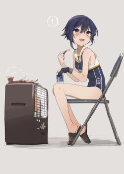! 1girl asymmetrical_hair black_hair breasts brown_eyes chair commentary_request flippers folding_chair food hair_between_eyes heater holding i-14_(kancolle) kantai_collection kerosene_heater looking_at_viewer one-piece_swimsuit one_cup open_mouth sailor_collar school_swimsuit short_hair single_serve_sake sitting small_breasts smile solo spoken_exclamation_mark squid swimsuit yamashichi_(mtseven)