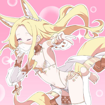 1girl alternate_costume animal_ear_fluff animal_ears arabian_clothes armlet blue_archive blush chinese_commentary commentary_request ear_wreath extra_ears feet finger_to_cheek finger_to_face flat_chest flower forehead fox_ears fox_girl fox_tail gold_trim gradient_eyes gyaru_v hair_flower hair_ornament hands_up harem_outfit highres jewelry loli long_hair looking_at_viewer missing_halo mouth_veil multicolored_eyes navel official_alternate_costume one_eye_closed outline pelvic_curtain see-through_clothes see-through_veil seia_(blue_archive) standing standing_on_one_leg stirrup_legwear tail tail_ornament thighlet toeless_legwear toes v veil very_long_hair very_long_tail white_outline white_veil zc007