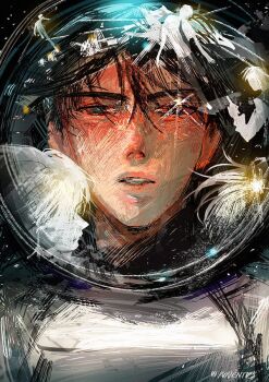 Rule 34 | 1boy, 4others, astronaut, black eyes, black hair, bloodshot eyes, commentary request, hatching (texture), helmet, kim dokja, korean commentary, looking at viewer, male focus, multiple others, official alternate costume, omniscient reader's viewpoint, paper texture, parted lips, reflection, roventus, short hair, sky, solo, space helmet, spacesuit, star (sky), starry sky, upper body, yoo joonghyuk