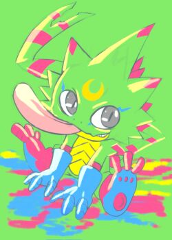 blue_gloves digimon digimon_(creature) gecko gekkomon gloves green_background grey_hair highres hudie_jun no_humans simple_background slit_pupils tongue tongue_out