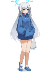Rule 34 | 1girl, bcag., blue archive, blue footwear, blue halo, blue hoodie, full body, grey hair, halo, hands in pockets, highres, hood, hood down, hoodie, long hair, looking at viewer, miyako (blue archive), open mouth, purple eyes, shoes, simple background, smile, solo, white background