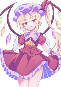 Rule 34 | 1girl, :d, ascot, blonde hair, blush, commentary request, crystal wings, fang, flandre scarlet, frilled shirt, frilled skirt, frills, hair between eyes, highres, long hair, looking at viewer, medium hair, medium skirt, open mouth, red eyes, red nails, red shirt, red skirt, shirt, short hair with long locks, side ponytail, skirt, skirt hold, slit pupils, smile, solo, tomoe (fdhs5855), touhou, very long hair, wings, yellow ascot