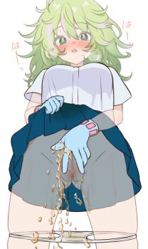 1girl blush boku_no_hero_academia brcl7777 breasts censored clothes_lift commentary_request gloves green_eyes green_hair hagakure_toru invisible large_breasts messy_hair mosaic_censoring multicolored_hair panties panty_pull pee peeing pussy simple_background skirt skirt_lift solo underwear variant_set white_background white_panties