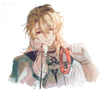 Rule 34 | 1boy, animal collar, arms up, blonde hair, collar, cropped torso, gloves, hair between eyes, hand on own face, hashtag-only commentary, head rest, holding, holding collar, jacket, looking at viewer, luuk herssen (wuthering waves), male focus, medium hair, nai pizx, parted hair, red collar, red eyes, shirt, simple background, solo, white background, white gloves, white jacket, wuthering waves