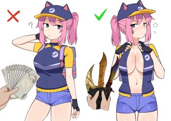 1girl ? absurdres animal_ear_headwear animal_hat backpack bag bare_arms black_gloves blue_eyes blue_shorts blush breasts cat_hat cleavage commentary english_commentary fake_animal_ears fingerless_gloves fistful_of_yen_(meme) gloves hat highres jacket knife large_breasts looking_at_viewer medium_hair meme money money_fan multiple_views navel no_bra open_clothes open_jacket peps_art pink_hair ponytail short_shorts short_sleeves shorts simple_background steam_(platform) steam_delivery_girl white_background