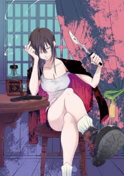 absurdres alcohol anemone_(kizetsu_yuusha) assassin black_jacket blood blood_on_clothes blood_on_shoes blood_splatter chapter_cover cover crossed_legs cz_75 dagger gun handgun highres holding holding_dagger holding_knife holding_weapon jacket jacket_on_shoulders k_setsuda kizetsu_yuusha_to_ansatsu_hime knife official_art shirt sitting smoking weapon white_shirt