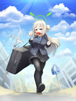 >_< 1girl absurdres black_pantyhose black_shirt black_shoes black_skirt blue_archive blue_necktie bouncing_breasts bread bread_slice breasts brown_hair collared_shirt commentary_request day desert drawing_rak flying_sweatdrops food food_in_mouth full_body green_halo hair_bun halo highres jam large_breasts loafers long_hair long_sleeves mouth_hold necktie nonomi_(blue_archive) outdoors pantyhose plaid_clothes plaid_skirt pleated_skirt ring_of_light_(blue_archive) ruins running school_uniform shirt shoes sign single_side_bun skirt solo sweat toast toast_in_mouth utility_pole weapon_case white_shirt