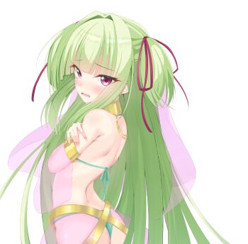 1girl \||/ absurdres alternate_costume arabian_clothes armpit_crease ass back bare_shoulders blunt_bangs blunt_ends blush commentary commission covering_breasts covering_privates cowboy_shot crossed_arms dancer earrings embarrassed eyelashes eyes_visible_through_hair fingernails from_behind furrowed_brow green_hair hair_intakes hair_ribbon highres hime_cut jewelry long_hair looking_at_viewer looking_back murasame_(senren) open_mouth pixiv_commission red_eyes red_ribbon ribbon senren_banka sidelocks simple_background solo straight_hair sweatdrop tsurime two_side_up uoouchan very_long_hair wavy_mouth white_background