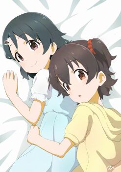 2girls aayh akagi_miria bed_sheet black_hair blue_dress blush brown_eyes closed_mouth commentary_request dress hair_between_eyes hair_ornament hairclip hood hood_down hoodie idolmaster idolmaster_cinderella_girls multiple_girls one_side_up parted_lips puffy_short_sleeves puffy_sleeves rabbit_hair_ornament sasaki_chie shirt short_sleeves signature smile star_(symbol) star_hair_ornament white_shirt yellow_hoodie