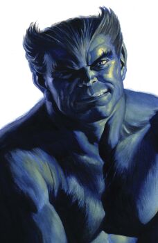 1boy absurdres alex_ross beast_(x-men) blue_eyes blue_fur blue_hair blue_skin colored_skin comic_cover cover cover_page highres looking_at_viewer looking_to_the_side male_focus marvel muscular muscular_male official_art one_eye_in_shadow realistic short_hair smirk solo topless_male upper_body western_comics_(style) white_background widow's_peak x-men