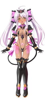 1girl alternate_skin_color aoi_masami black_gloves blush boots breasts corruption dark-skinned_female dark_persona dark_skin demon_tail elbow_gloves full_body game_cg gloves harukaze_mai_(tsmg_nao!) highres large_variant_set long_hair looking_at_viewer magical_girl medium_breasts navel non-web_source official_art open_mouth pink_hair pubic_tattoo slave_cherry slave_gear slingshot_swimsuit solo swimsuit tachi-e tail tattoo thigh_boots thighhighs transparent_background ts_magical_girl_nao twintails variant_set white_hair wings yellow_eyes