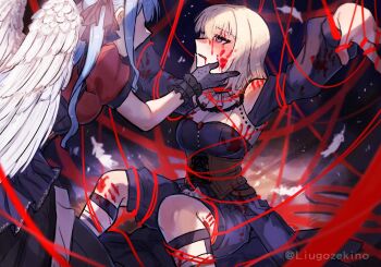2girls angel bang_dream! bang_dream!_it's_mygo!!!!! black_dress black_ribbon black_shorts black_skirt blonde_hair blood blood_from_mouth blood_on_clothes blood_on_face blood_on_leg blue_hair breasts brown_corset chinese_commentary clothing_cutout commentary_request corset doloris_(bang_dream!) dress garter_straps hair_ribbon hand_on_another's_cheek hand_on_another's_face highres liugo_zekino long_hair medium_breasts medium_hair misumi_uika multiple_girls oblivionis_(bang_dream!) purple_eyes red_shirt ribbon shirt short_sleeves shorts shoulder_cutout sidelocks skirt sophie_(bang_dream!) string string_of_fate textless_version togawa_sakiko