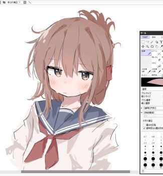 Rule 34 | 1girl, art program in frame, blue sailor collar, blush, brown eyes, brown hair, collarbone, folded ponytail, hair between eyes, ichiha (ichi u2), inazuma (kancolle), kantai collection, looking at viewer, medium hair, neckerchief, red neckerchief, sailor collar, shirt, sidelocks, simple background, solo, sweat, upper body, white background, white shirt