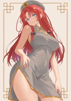 1girl absurdres alternate_costume beret black_bow blue_eyes bow braid breasts china_dress chinese_clothes cleavage_cutout closed_mouth clothing_cutout commentary_request dress frown green_hat hat hat_ornament highres hong_meiling inset_border large_breasts looking_at_viewer outside_border red_hair sleeveless sleeveless_dress solo star_(symbol) star_hat_ornament thighs tinatama touhou twin_braids