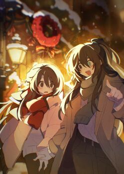 1boy 1girl :d alternate_costume backlighting belt black_belt black_eyes black_hair black_pants blue_eyes blue_scarf blush brown_coat brown_hair christmas_ornaments coat commentary english_commentary hair_between_eyes hair_ornament hair_ribbon heterochromia highres holding_another&#039;s_wrist hong_lu_(project_moon) lantern layered_sleeves limbus_company long_coat long_hair long_sleeves looking_at_another mu_(muu_037) muu_037 open_mouth original pants pointing pointing_forward ponytail project_moon red_scarf ribbon scarf sidelocks smile snowing straight_hair surprised sweater white_sweater