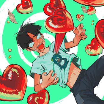 1boy alien_stage black_hair blank_eyes blue_pants blush commentary crying crying_with_eyes_open derivative_work english_commentary flying_teardrops full-face_blush green_background heart highres male_focus maruko_gaku money navel open_mouth pants parody parted_bangs printerrrpng shirt short_hair short_sleeves solo spiral_background tears teeth the_hundred_line_-last_defense_academy- upper_teeth_only white_shirt