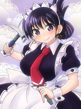 apron arato_nagi black_dress black_hair breasts chisel closed_mouth collared_dress dress earrings frilled_dress frills hammer heart heart_earrings highres holding holding_hammer jewelry large_breasts looking_at_viewer maid maid_apron maid_headdress necktie oekaki_lemon purple_background purple_eyes red_necktie ruri_no_houseki short_sleeves smile white_apron wrist_cuffs