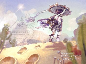 Rule 34 | 1boy, arm at side, armor, black bridal gauntlets, black sandals, black shorts, blue hat, blue jingasa, blue sky, blunt ends, bridal gauntlets, cactus, cape, cloud, cloudy sky, desert, facing away, footprints, furisode, genshin impact, gold, gurumin (gurruguru), hand up, hat, japanese armor, japanese clothes, jingasa, kimono, kote, kurokote, leg warmers, male focus, mandala, mountainous horizon, outdoors, purple cape, purple hair, purple rope, purple sash, rope, sandals, sash, scaramouche (genshin impact), short sleeves, shorts, side cape, sky, solo, sun, tassel, tumbleweed, walking, wanderer (genshin impact), watermark, white kimono, white leg warmers, white sleeves, zouri