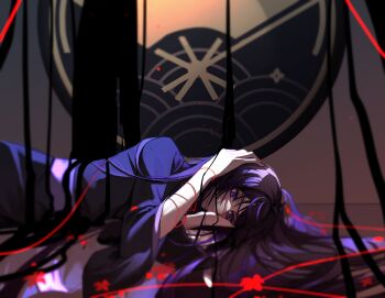 Rule 34 | 1boy, architecture, bishounen, east asian architecture, genshin impact, hand on own head, highres, indoors, leaf, long hair, looking at another, lying, male focus, maple leaf, purple hair, reflection, reflective floor, scaramouche (genshin impact), solo, string, string of fate, xiaohen236
