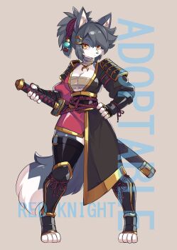 1girl absurdres adoptable animal_ears animal_feet armor artist_name bandaged_chest breasts cleavage clothing_request eyeshadow full_body furry furry_female grey_hair highres japanese_armor japanese_clothes makeup original ponytail red_knight_(thescarlknight) rope sheath short_hair slit_pupils solo standing sword tachi-e tail watermark weapon wolf_ears wolf_girl wolf_tail yellow_eyes