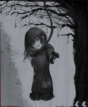 1girl absurdres blood blue_eyes coat commentary cowboy_shot cross crying crying_with_eyes_open duffel_coat english_commentary grey_sky greyscale gun handgun hanged highres holding holding_gun holding_weapon inverted_cross inverted_cross_earrings inverted_pentagram long_sleeves looking_at_viewer medium_hair monochrome noose note open_mouth original outdoors pleated_skirt pocket prometheus11 rope rope_around_neck sad_smile skirt sky smoke smoking_barrel solo spot_color suicide tears toggles tree weapon