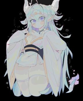 1girl ahoge black_background black_choker blue_hair breasts choker cleavage closed_mouth commentary commission cropped_legs double-parted_bangs dragon_girl dragon_horns dragon_tail english_commentary hair_between_eyes hair_ornament hands_up heart heart_ahoge highres horns indie_virtual_youtuber japanese_clothes kimono large_breasts long_hair long_sleeves looking_at_viewer pointy_ears purple_eyes rumihime solo tail thick_thighs thighhighs thighs usa37107692 virtual_youtuber white_kimono white_thighhighs wide_sleeves