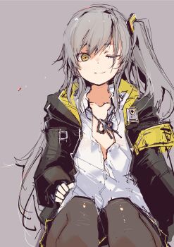 1girl 404_logo_(girls&#039;_frontline) absurdres armband black_jacket brown_eyes brown_hair girls&#039;_frontline grey_background highres jacket long_hair looking_at_viewer one_eye_closed one_side_up pantyhose scar scar_across_eye scar_on_face shirt shirt_partially_removed simple_background sitting smile solo ump45_(girls&#039;_frontline) very_long_hair white_shirt yellow_armband yellow_eyes yoto_(rinlin2)