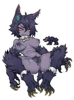 1girl ahoge animal_ear_fluff animal_ears animal_feet anus breasts breasts_apart claws clenched_teeth collar colored_nipples colored_skin dog_tail ear_piercing female_focus female_pubic_hair full_body glowing glowing_eyes grey_skin grimace hair_between_eyes hellhound_(terraria) highres looking_at_viewer navel nipple_piercing nipple_rings nude nyong_nyong personification piercing pubic_hair pussy pussy_juice pussy_piercing reference_inset scar scar_on_chest scar_on_leg sharp_teeth short_hair solo spiked_collar spikes spread_legs spread_pussy tail teeth terraria uncensored white_background wolf_ears wolf_girl yellow_eyes