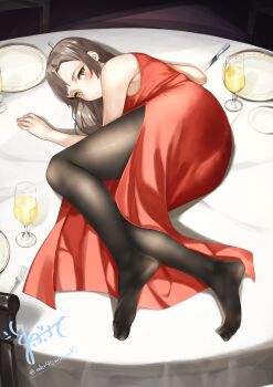 1girl absurdres blush brown_hair champagne_flute cup dress drinking_glass feet highres long_hair looking_at_viewer lying maburoku on_side on_table pantyhose plate soles table toes yellow_eyes