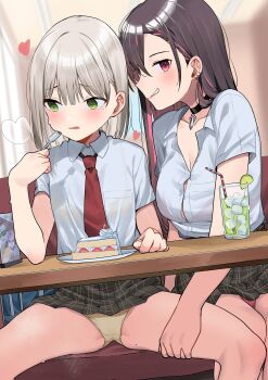 2girls assisted_exposure blush breasts brown_hair button_gap cake choker cleavage collared_shirt cup diner drink drinking_glass drinking_straw ear_piercing eating food fork green_eyes grey_hair groin hand_on_another&#039;s_thigh heart highres holding holding_fork loli long_hair looking_to_the_side medium_breast mole mole_on_thigh mole_under_eye motto_notto multiple_girls necktie original panties piercing pink_hair plaid_clothes plaid_skirt presenting_another red_necktie school_uniform shirt short_hair short_sleeves sitting skirt spread_legs sweatdrop table thighs unde under_table underwear upskirt yellow_panties
