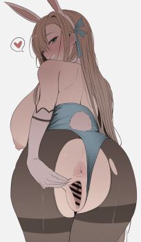 1girl animal_ears anus asuna_(blue_archive) asuna_(bunny)_(blue_archive) asymmetrical_bangs bar_censor blue_archive blue_leotard blue_ribbon breasts censored clothing_aside commentary_request fake_animal_ears from_behind gloves hair_over_one_eye halo heart highleg highleg_leotard highres huge_breasts leotard leotard_aside long_hair looking_at_viewer looking_back momo_(pixiv_103770606) nipples official_alternate_costume pantyhose playboy_bunny pussy ribbon sideways_glance smile solo spoken_heart spread_pussy strapless strapless_leotard thighband_pantyhose torn_clothes torn_pantyhose white_background white_gloves