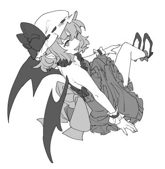 1girl alternate_costume bare_shoulders bat_wings choker commentary_request dress frilled_choker frills greyscale hat hat_ribbon high_heels highres looking_at_viewer looking_back mero_(starfish_jcs) mob_cap monochrome open_mouth pointy_ears remilia_scarlet ribbon shoes sitting smile solo strapless strapless_dress touhou wings wrist_cuffs