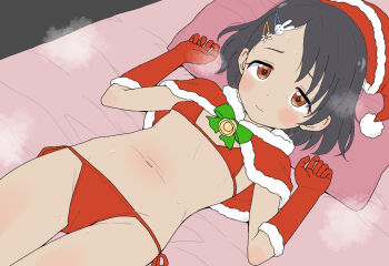 1girl bikini christmas commentary_request flat_chest hat idolmaster idolmaster_cinderella_girls loli looking_at_viewer lying micro_bikini on_back on_bed pillow red_bikini santa_bikini santa_costume santa_hat sasaki_chie solo steaming_body swimsuit takku