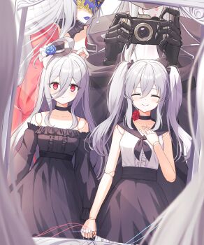 ahoge bare_shoulders black_choker black_dress black_hat black_skirt black_sleeves blue_flower camera choker closed_eyes commentary_request cosplay costume_switch detached_sleeves doll_joints dress flower grey_hair greyscale hat high-waist_skirt highres holding holding_camera holding_hands joints lloyd_(granblue_fantasy) long_hair long_sleeves looking_at_viewer mini_hat mini_top_hat mirror mizuhi_kou monochrome off-shoulder_dress off_shoulder open_mouth orchis red_eyes red_flower reflection shadowverse shadowverse:_worlds_beyond shirt skirt sleeveless sleeveless_shirt smile top_hat twintails v victoria_(shadowverse) white_shirt zwei_(shingeki_no_bahamut)