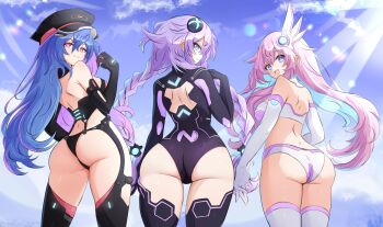 3girls ass bare_shoulders bikini blue_eyes blue_hair braid breasts choujigen_game_neptune compile_heart elbow_gloves from_behind gloves hair_ornament hair_tubes hairclip hat highres huge_ass idea_factory iris_heart_(neptunia) large_breasts leotard long_hair looking_at_viewer looking_back mrrollingcircle multiple_girls nepgear neptune_(neptunia) neptune_(series) open_mouth pink_hair power_symbol-shaped_pupils purple_hair purple_heart_(neptunia) purple_sister pururut red_eyes sideboob smile swimsuit symbol-shaped_pupils thick_thighs thighhighs thighs thong twin_braids very_long_hair