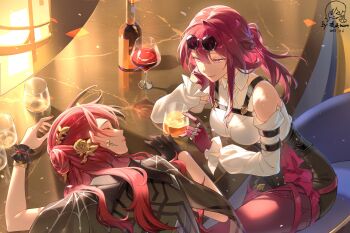 2girls alcohol bare_shoulders black_gloves black_jacket black_shorts borrowed_clothes bottle breasts chest_harness closed_eyes commentary_request cup dated detached_sleeves drinking_glass earrings elbow_rest eyewear_on_head glasses gloves hair_between_eyes hair_ornament hand_on_own_cheek hand_on_own_face harness head_rest highres himeko_(honkai:_star_rail) honkai:_star_rail honkai_(series) implied_yuri indoors insane84699530 jacket jewelry kafka_(honkai:_star_rail) large_breasts long_hair looking_at_another multiple_girls pantyhose pantyhose_under_shorts parted_lips pince-nez ponytail purple_eyes purple_gloves purple_hair purple_pantyhose red_hair round_eyewear shirt shorts signature single_glove sitting sleeping smile spider_web_print sunglasses white_shirt wine wine_bottle wine_glass