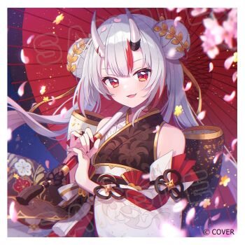 1girl :d asymmetrical_sleeves black_kimono black_sleeves center-flap_bangs commentary_request copyright_name detached_sleeves double_bun falling_petals fang furisode_sleeves gold_trim grey_hair hair_between_horns hair_bun holding holding_umbrella hololive horns japanese_clothes kamogawa_akira kimono long_hair looking_at_viewer mismatched_sleeves multicolored_hair nakiri_ayame nakiri_ayame_(8th_costume) obi official_alternate_costume official_alternate_hairstyle official_art oil-paper_umbrella oni open_mouth petals red_eyes red_hair red_streaks red_umbrella sample_watermark sash skin-covered_horns sleeveless sleeveless_kimono smile solo streaked_hair twintails two-tone_kimono umbrella virtual_youtuber watermark white_kimono white_sleeves wide_sleeves