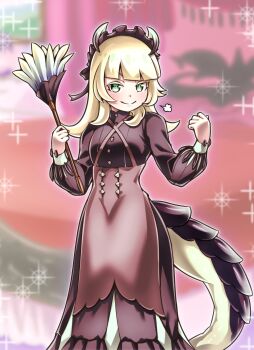 1girl aged_down black_dress black_tail blonde_hair blurry blurry_background breasts chamber_dragonmaid dragon_girl dragon_horns dragon_tail dress duel_monster duster feather_duster green_eyes highres holding horns indoors maid maid_day maid_headdress medium_hair p-b-c_(dark_matter_kakine) small_breasts solo tail yu-gi-oh!