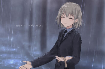 1girl ^_^ black_jacket black_necktie blazer blurry blurry_background closed_eyes closed_mouth closed_umbrella collared_shirt commentary dress_shirt earrings facing_viewer formal_clothes grey_hair grey_shirt highres holding holding_umbrella hoop_earrings idolmaster idolmaster_shiny_colors jacket jewelry long_sleeves necktie rain serizawa_asahi shirt short_hair smile solo suit umbrella upper_body wet wet_clothes yukitake_(bullfalk)