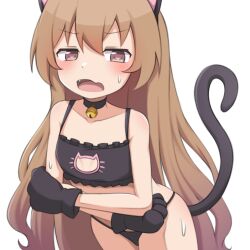 Rule 34 | 1girl, aisaka taiga, animal ears, animal hands, bell, black bra, black panties, black tail, blush, bra, brown eyes, brown hair, cat cutout, cat ears, cat tail, cleavage cutout, clothing cutout, collarbone, commentary request, cowboy shot, crossed arms, fake animal ears, fang, gloves, hair between eyes, highres, long hair, looking at viewer, mooramango, neck bell, open mouth, panties, paw gloves, simple background, skin fang, solo, sweat, tail, toradora!, underwear, very long hair, white background