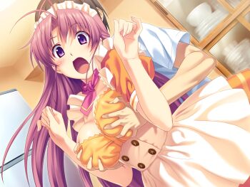 1boy 1girl antenna_hair aoi_matsuri blush breasts buttons cabinet clothes_pull double-breasted game_cg grabbing_another's_breast groping hetero highres koutaro large_breasts long_hair maid_headdress nipples pink_hair plate purple_eyes restaurant shirt_pull solo_focus tropical_kiss waitress