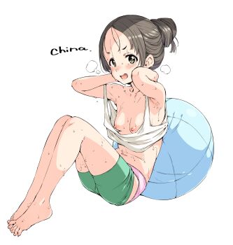 1girl armpits ball barefoot bike_shorts blush breasts camisole clothes_pull exercise_ball exercising full_body gakuen_idolmaster grey_hair hair_bun hamao highres idolmaster kuramoto_china looking_at_viewer navel nipple_slip nipples no_bra panties pink_panties shorts shorts_pull small_breasts solo strap_slip sweat toes underwear very_sweaty wardrobe_malfunction yellow_eyes