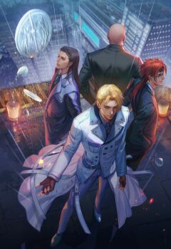 4boys absurdres aqua_eyes arms_behind_back back-to-back bald belt bindi black_hair black_suit blonde_hair blouse blue_eyes breast_pocket brown_eyes building coat coin coin_flip collared_shirt dress_shoes facial_mark fan_yang_(jiuge) final_fantasy final_fantasy_vii final_fantasy_vii_remake fingerless_gloves formal_clothes full_body gloves goggles goggles_on_head grey_shirt hands_in_pockets highres long_coat low_ponytail medium_hair multiple_boys necktie parted_bangs pocket pointy_shoes ponytail rain red_hair reno_(ff7) rooftop rude_(ff7) rufus_shinra shirt shoes short_hair sideburns skyscraper square_enix strap suit tseng turks_(ff7) white_coat white_shirt