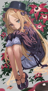 1girl abigail_williams_(fate) abigail_williams_(first_ascension)_(fate) absurdres black_bow black_dress black_hat blonde_hair bloomers blue_eyes blush bow breasts dress fate/grand_order fate_(series) flower forehead hair_bow hat highres knees_up lazu0721 long_hair long_sleeves looking_at_viewer orange_bow parted_bangs ribbed_dress sitting sleeves_past_fingers sleeves_past_wrists small_breasts underwear white_bloomers