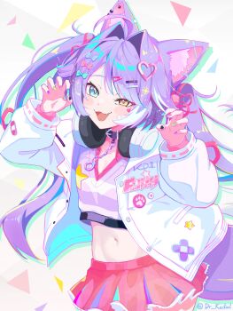 1girl absurdres ahoge animal_ear_fluff animal_ears black_collar blue_eyes blush_stickers bow breasts chain claw_pose cleavage collar colorful commentary cowboy_shot crop_top cropped_shirt english_commentary fang fingernails fox_ears groin hair_bow hair_ears hair_ornament hairclip hands_up headphones headphones_around_neck heart heart_sticker heterochromia high_heels highres jacket kadiel layered_sleeves long_hair long_sleeves midriff miniskirt mole mole_under_eye multicolored_hair multicolored_nails nail_polish navel open_clothes open_jacket open_mouth parallel_hairclips parted_bangs pink_skirt pleated_skirt purple_hair shirt skirt small_breasts smile solo sparkle standing stellive sticker sticker_on_face streaked_hair striped_clothes striped_shirt tenko_shibuki twintails twitter_username v-neck virtual_youtuber white_background white_jacket yellow_eyes