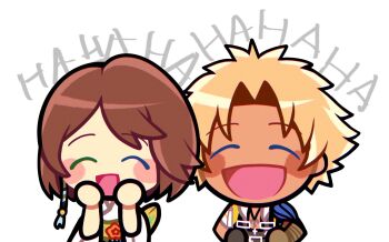 1boy 1girl blonde_hair blush blush_stickers brown_hair chibi chibi_only closed_eyes commentary english_commentary english_text facing_viewer final_fantasy final_fantasy_x hair_ornament hands_on_own_cheeks hands_on_own_face hands_on_own_hips highres laughing nontraditional_miko open_mouth sash short_hair simple_background smile spiked_hair tan tidus upper_body white_background yiprincess yuna_(ff10)